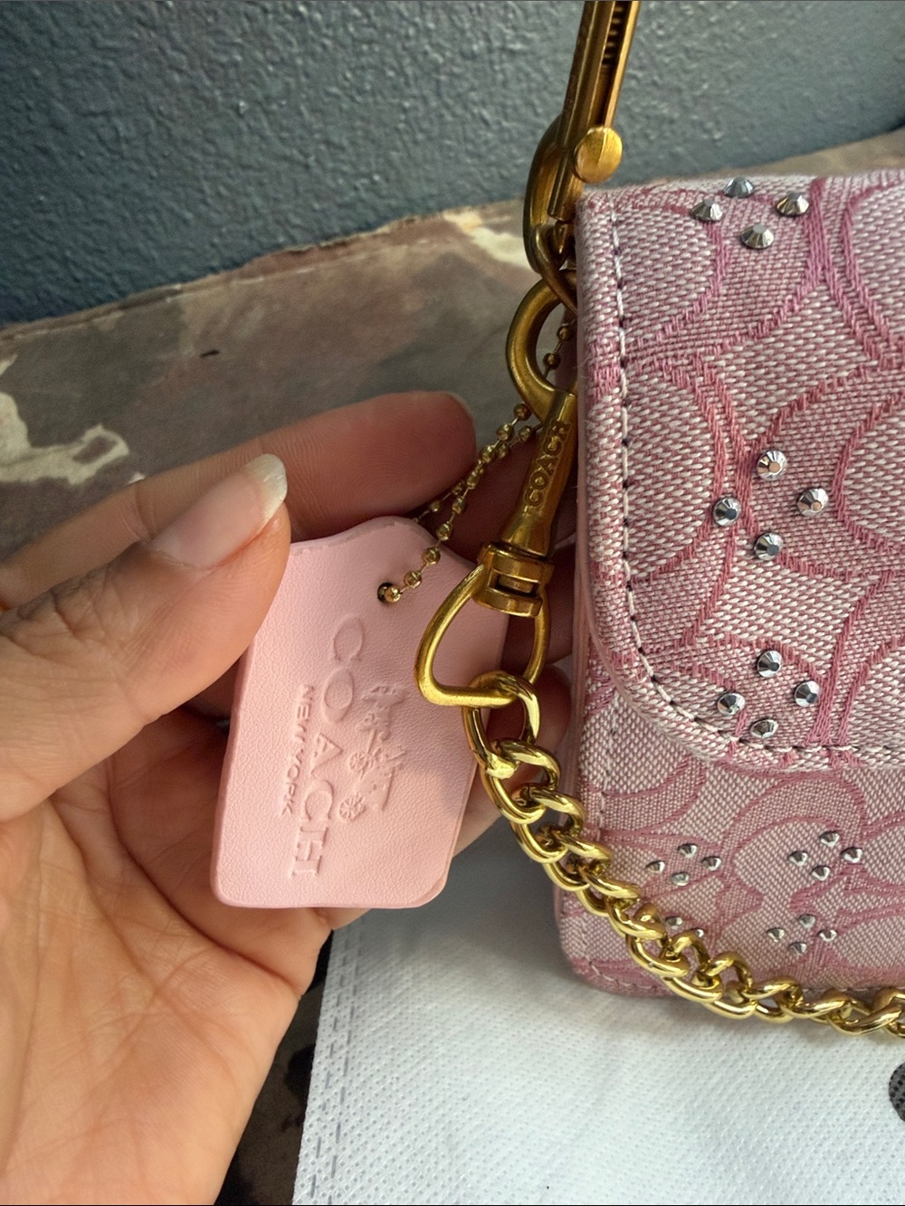 Coach Pink Signature Crystal-Accented Crossbody Bag with Gold C - Picture 2 of 4
